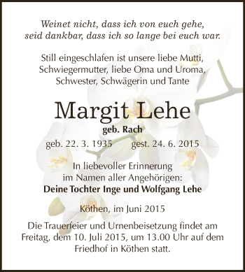 Traueranzeige von Margit Lehe von WVG - Wochenspiegel Dessau / Köthen