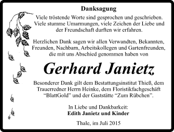 Traueranzeige von Gerhard Janietz von Mitteldeutsche Zeitung Quedlinburg