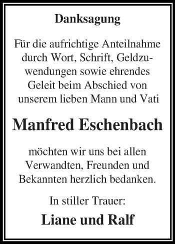Traueranzeige von Manfred Eschenbach von WVG - Wochenspiegel Dessau / Köthen