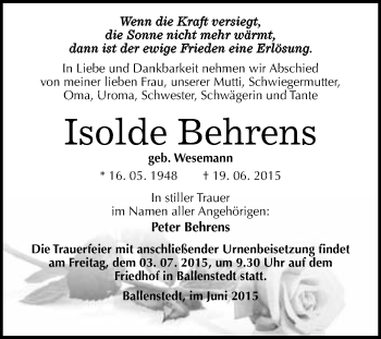 Traueranzeige von Isolde Behrens von WVG - Wochenspiegel Quedlinburg