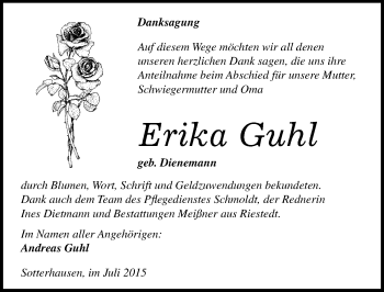 Traueranzeige von Erika Guhl von Mitteldeutsche Zeitung Sangerhausen