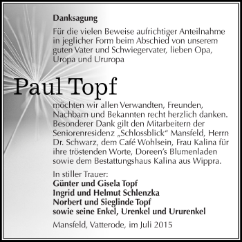 Traueranzeige von Paul Topf von Super Sonntag SGH Mansf. Land