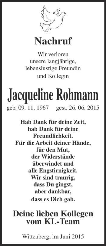 Traueranzeige von Jacqueline Rohmann von WVG - Wochenspiegel Wittenberg