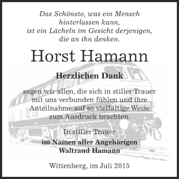 Traueranzeige von Horst Hamann von Super Sonntag Wittenberg
