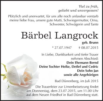 Traueranzeige von Bärbel Langrock von Mitteldeutsche Zeitung Merseburg/Querfurt