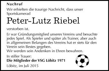 Traueranzeige von Peter-Lutz Riebel von Mitteldeutsche Zeitung Naumburg/Nebra