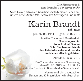 Traueranzeige von Karin Brandt von Mitteldeutsche Zeitung Merseburg/Querfurt