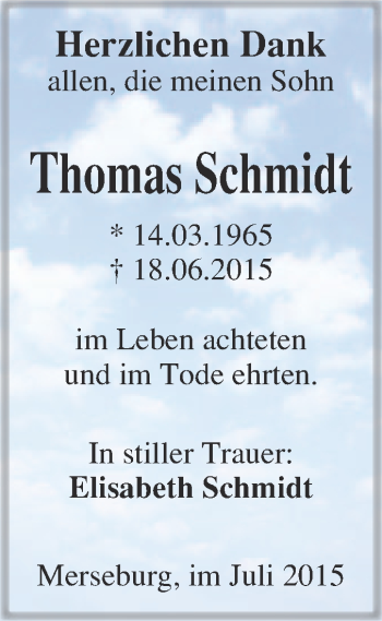 Traueranzeige von Thomas Schmidt von Super Sonntag Merseburg