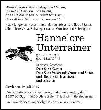 Traueranzeige von Hannelore Unterrainer von Mitteldeutsche Zeitung Mansfelder Land