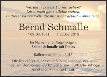 Traueranzeige von Bernd Schmalle von WVG - Wochenspiegel Quedlinburg