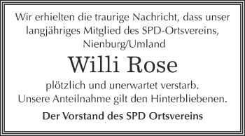 Traueranzeige von Willi Rose von Super Sonntag Bernburg