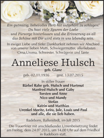 Traueranzeige von Anneliese Hulsch von WVG - Wochenspiegel Quedlinburg