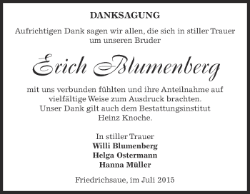 Traueranzeige von Erich Blumenberg von Super Sonntag Aschersleben