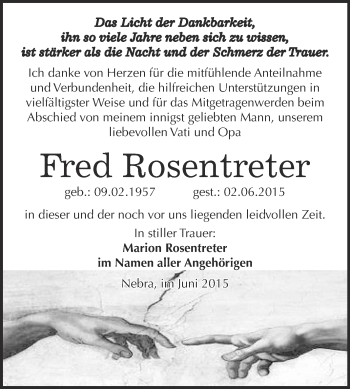 Traueranzeige von Fred Rosentreter von WVG - Wochenspiegel NMB / WSF / ZTZ