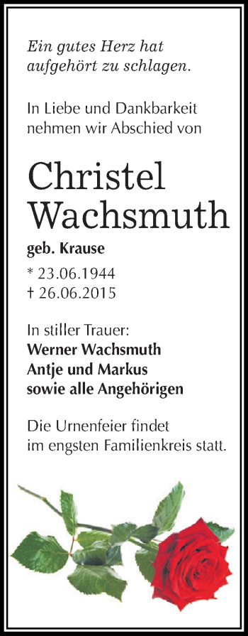 Traueranzeige von Christel Wachsmuth von WVG - Wochenspiegel Dessau / Köthen