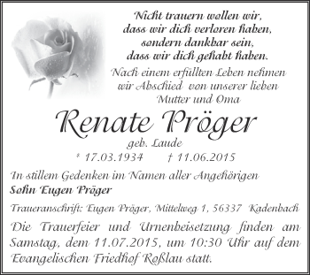 Traueranzeige von Renate Pröger von WVG - Wochenspiegel Dessau / Köthen