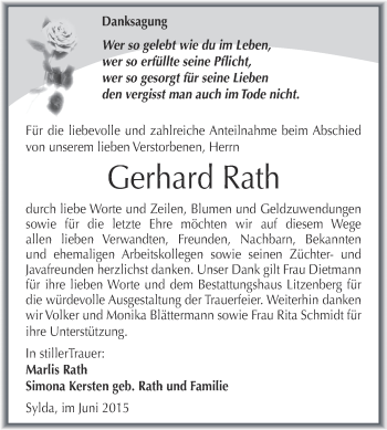 Traueranzeige von Gerhard Rath von Wochenspiegel Mansfelder Land