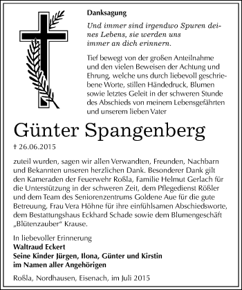Traueranzeige von Günter Spangenberg von Mitteldeutsche Zeitung Sangerhausen