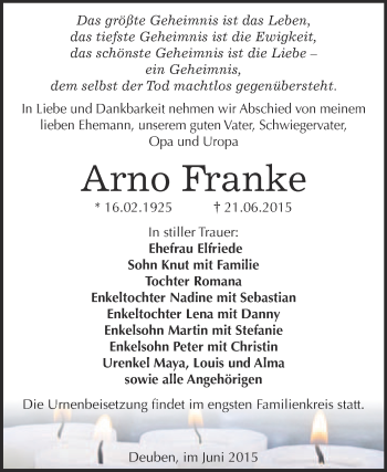Traueranzeige von Arno Franke von WVG - Wochenspiegel NMB / WSF / ZTZ
