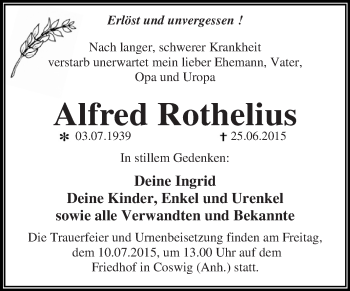 Traueranzeige von Alfred Rothelius von WVG - Wochenspiegel Dessau / Köthen