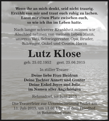 Traueranzeige von Lutz Klose von Super Sonntag Zeitz