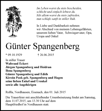 Traueranzeige von Günter Spangenberg von Mitteldeutsche Zeitung Sangerhausen