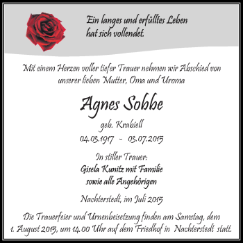 Traueranzeige von Agnes Sobbe von Super Sonntag Aschersleben