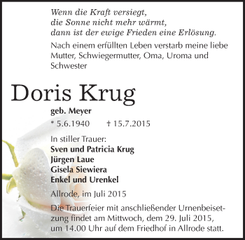 Traueranzeige von Doris Krug von Mitteldeutsche Zeitung Quedlinburg