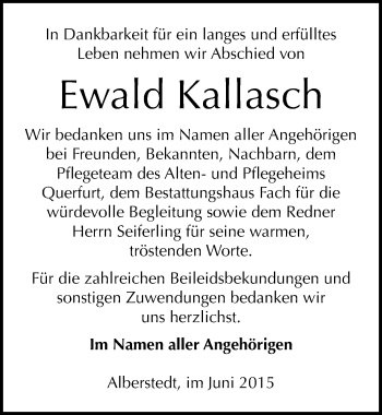 Traueranzeige von Ewald Kallasch von Mitteldeutsche Zeitung Merseburg/Querfurt