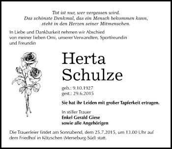 Traueranzeige von Herta Schulze von Mitteldeutsche Zeitung Merseburg/Querfurt