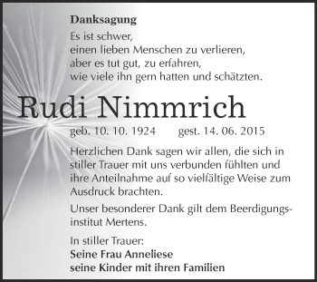 Traueranzeige von Rudi Nimmrich von WVG - Wochenspiegel NMB / WSF / ZTZ