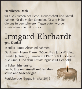 Traueranzeige von Irmgard Ehrhardt von Mitteldeutsche Zeitung Sangerhausen