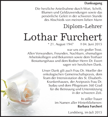 Traueranzeige von Lothar Furchert von Mitteldeutsche Zeitung Halle/Saalkreis