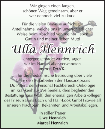 Traueranzeige von Ulla Hennrich von Super Sonntag Zeitz