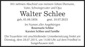 Traueranzeige von Walter Schlee von Super Sonntag SGH Mansf. Land