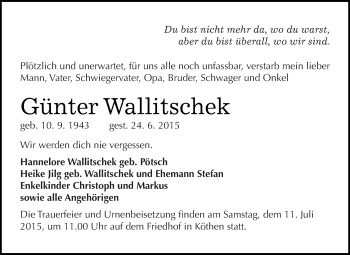 Traueranzeige von Günter Wallitschek von WVG - Wochenspiegel Dessau / Köthen
