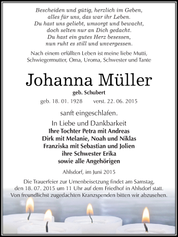 Traueranzeige von Johanna Müller von Super Sonntag SGH Mansf. Land