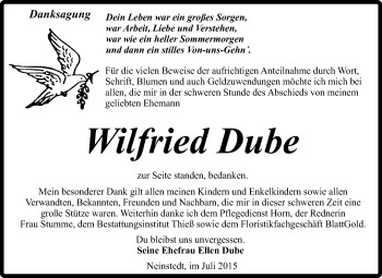 Traueranzeige von Wilfried Dube von Super Sonntag Quedlinburg
