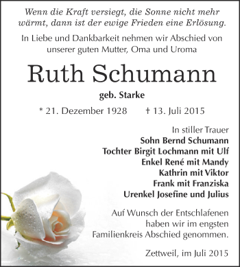 Traueranzeige von Ruth Schumann von Super Sonntag Zeitz