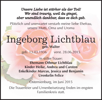 Traueranzeige von Ingeborg Lichtblau von Mitteldeutsche Zeitung Köthen