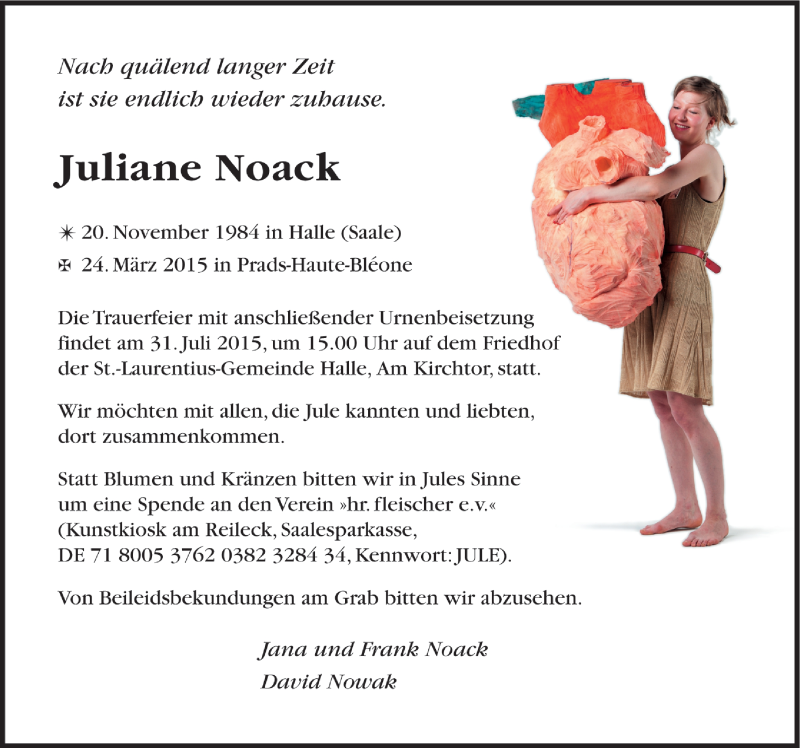  Traueranzeige für Juliane Noack vom 18.07.2015 aus Mitteldeutsche Zeitung Halle/Saalkreis
