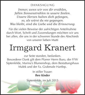 Traueranzeige von Irmgard Kranert von WVG - Wochenspiegel Quedlinburg