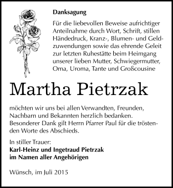 Traueranzeige von Martha Pietrzak von Mitteldeutsche Zeitung Merseburg/Querfurt