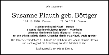 Traueranzeige von Susanne Plauth von Mitteldeutsche Zeitung Dessau-Roßlau
