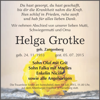 Traueranzeige von Helga Grotke von Super Sonntag Merseburg