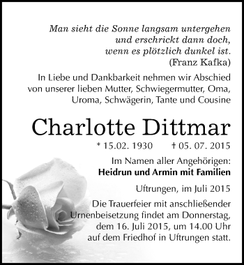 Traueranzeige von Charlotte Dittmar von Mitteldeutsche Zeitung Sangerhausen