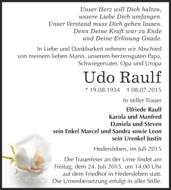Traueranzeige von Udo Raulf von WVG - Wochenspiegel Quedlinburg