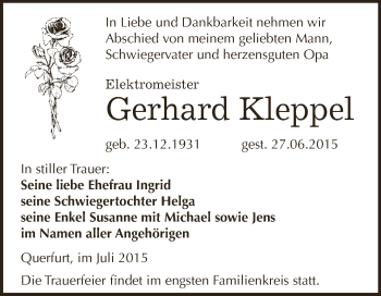 Traueranzeige von Gerhard Kleppel von Super Sonntag Zeitz