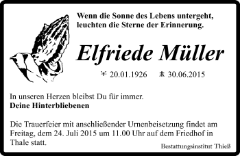 Traueranzeige von Elfriede Müller von Mitteldeutsche Zeitung Quedlinburg