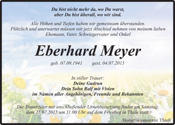 Traueranzeige von Eberhard Meyer von Mitteldeutsche Zeitung Quedlinburg